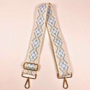 Woven western/Aztec thick embroidered tan blue boho bag guitar strap gold tone